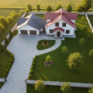 Двор частного дома в Беларуси с уложенной тротуарной плиткой и бордюром